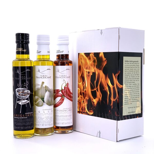 3er Probier-Paket Terre Francescane - Geschmack-Öl zum Marinieren Grillen BBQ Extra Natives Olivenöl Dressing Rauch, Knoblauch und Chili (3 x 250 ml)