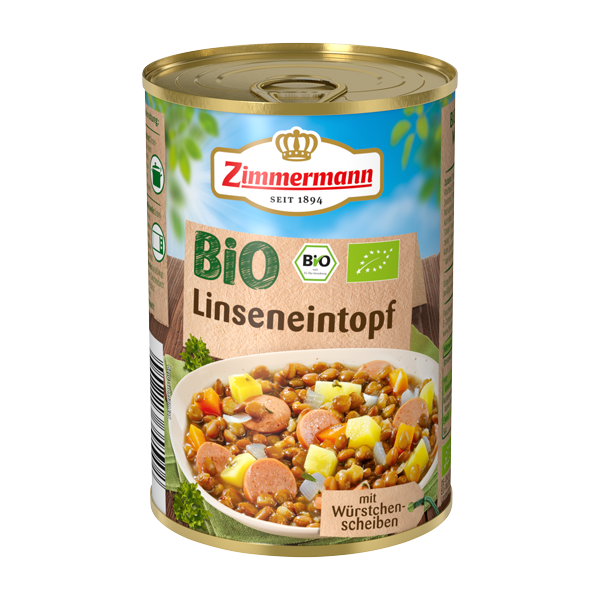 Zimmermann - BIO-Linsen-Eintopf mit BIO Würstchenscheiben in der Dose (400 g)