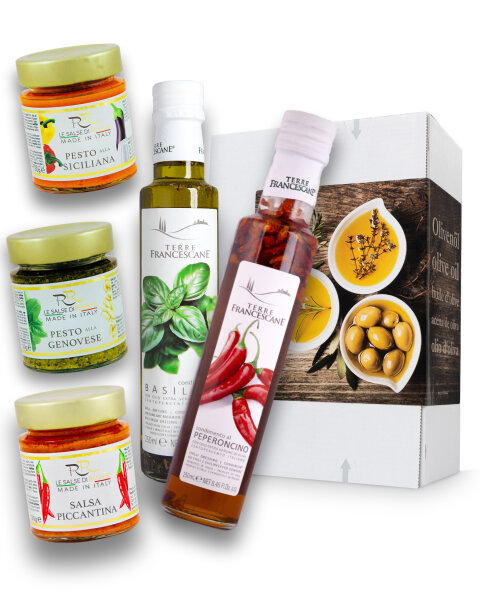 Apropos Geschenk Probier-Paket BELLA ITALIA mit Pesto & Geschmacks-Öl (3x traditionelle Pesto-Saucen und 2x aromatisiertes Olivenöl)